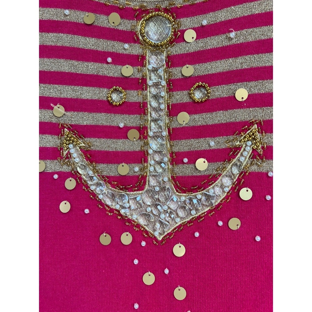 Quacker Factory Sweater Womens 1X Pink Gold Anchor Beaded Sequin Novelty - Picture 3 of 6